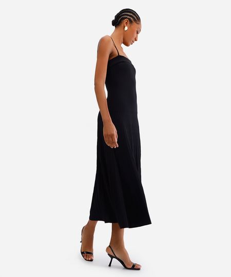 vestido longo feminino de tricot canelado preto PP