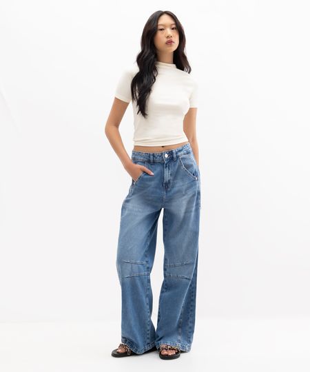 calça oversized feminina jeans cintura média azul 36
