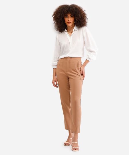calça de alfaiataria feminina com pences marrom 44