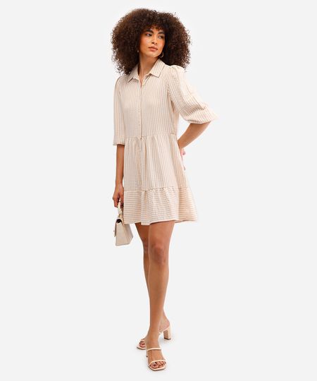 vestido chemise com linho listrado bege PP