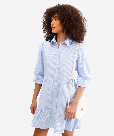 chemise de algodão manga bufante listrado azul P
