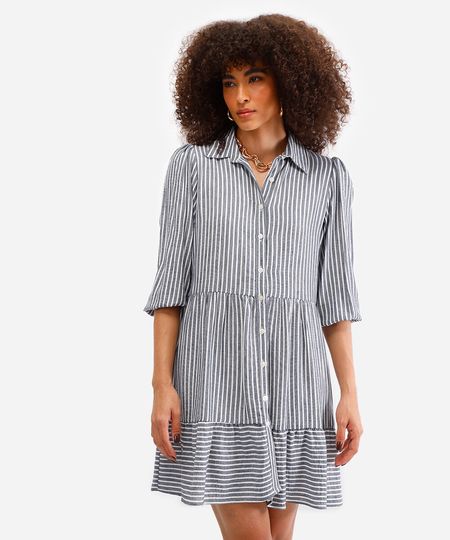 vestido chemise com linho listrado azul M