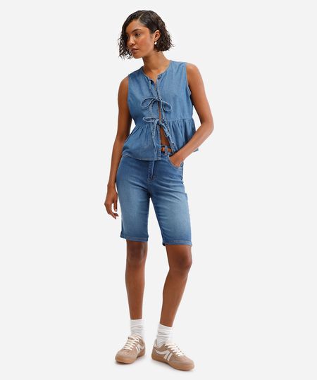 bermuda ciclista feminina jeans com cinto azul 36 bermuda ciclista feminina jeans com cinto azul 36