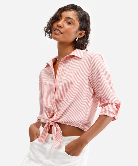 cropped feminino listrado com amarração vermelho PP cropped feminino listrado com amarração vermelho PP