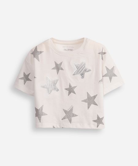 camiseta de algodão infantil estrelas com paête off white 6