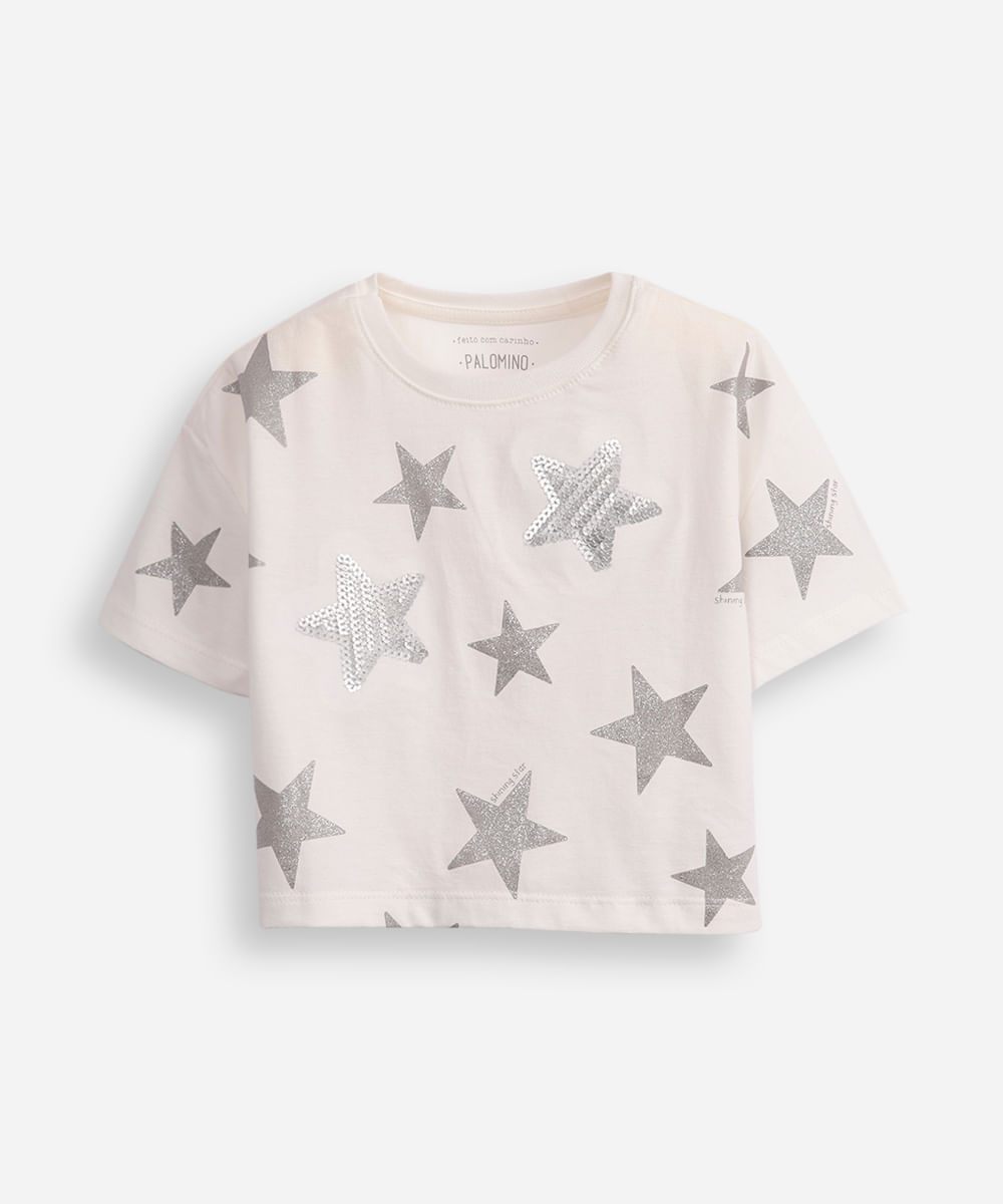 camiseta de algodão infantil estrelas com paête off white