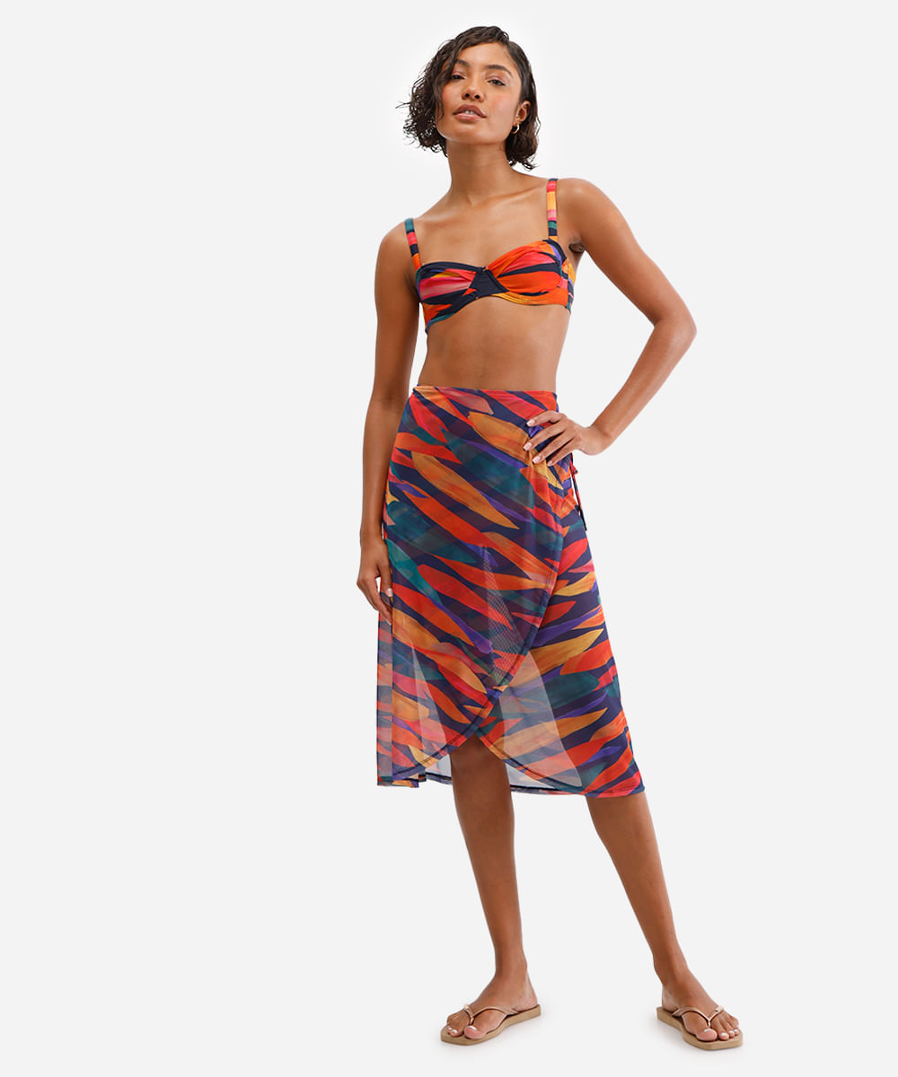 saia saída de praia feminina de tule estampada azul