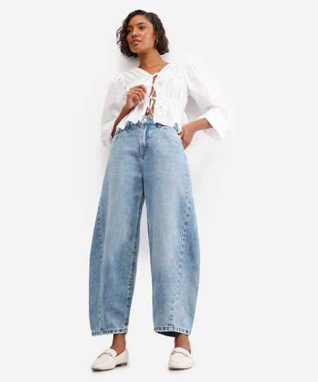 calça barrel feminina jeans com recorte azul 34 calça barrel feminina jeans com recorte azul 34