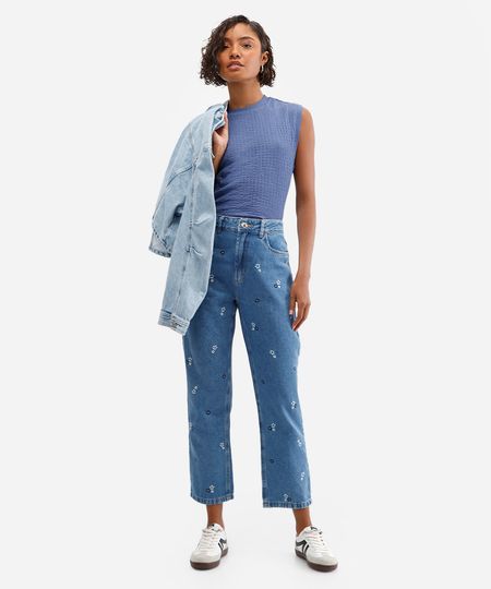 calça reta feminina jeans com bordado floral azul 36