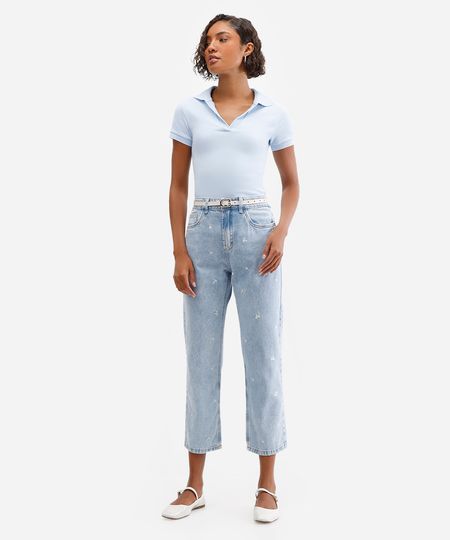 calça reta feminina jeans com bordado floral azul 34