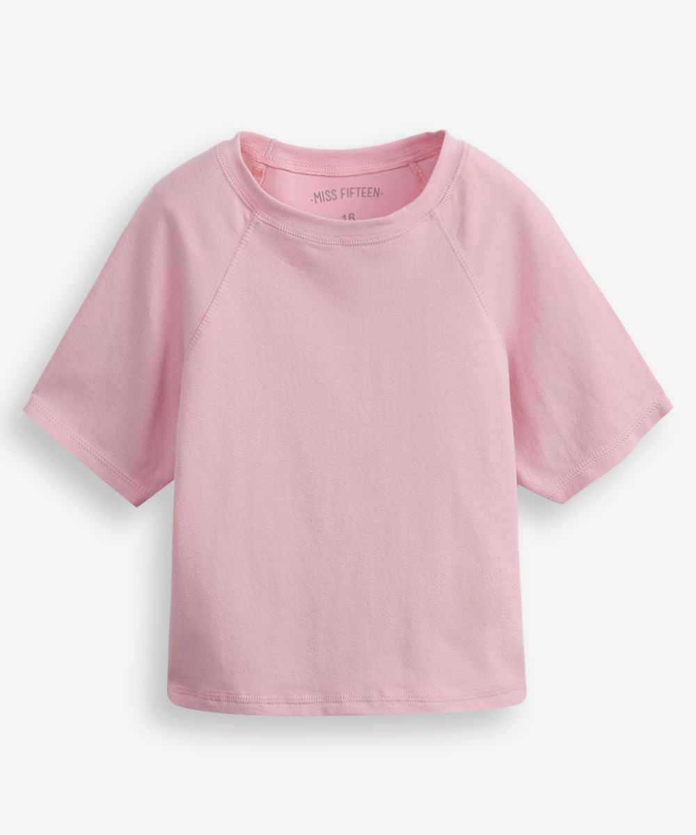 cropped de algodão juvenil manga raglan rosa