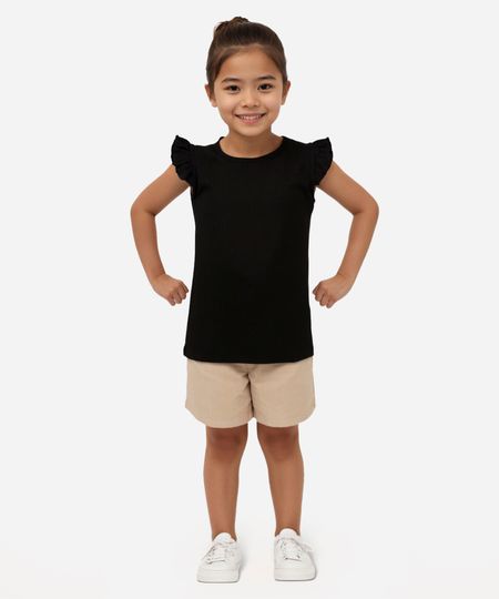 Blusa Infantil Canelada Manga Curta com Babado Preta 1 Blusa Infantil Canelada Manga Curta com Babado Preta 1