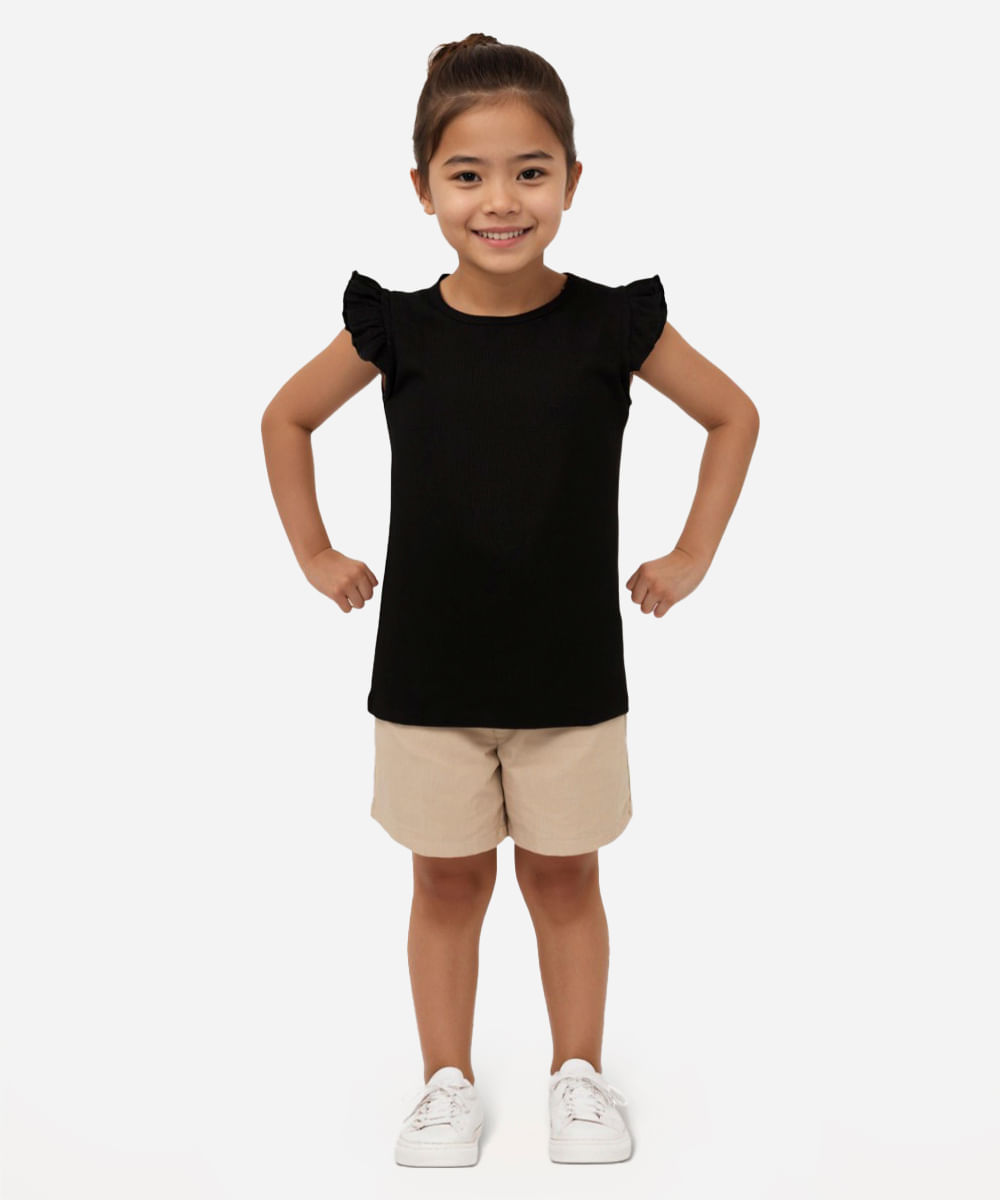 Blusa Infantil Canelada Manga Curta com Babado Preta