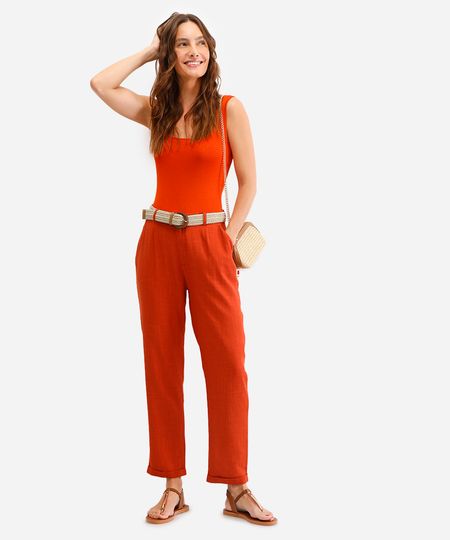 calça reta com linho e cinto laranja 40 calça reta com linho e cinto laranja 40