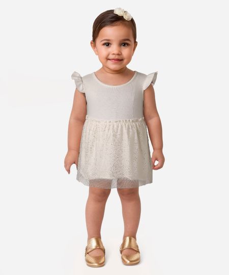 body de algodão com saia de tule brilho manga curta off white 0-3