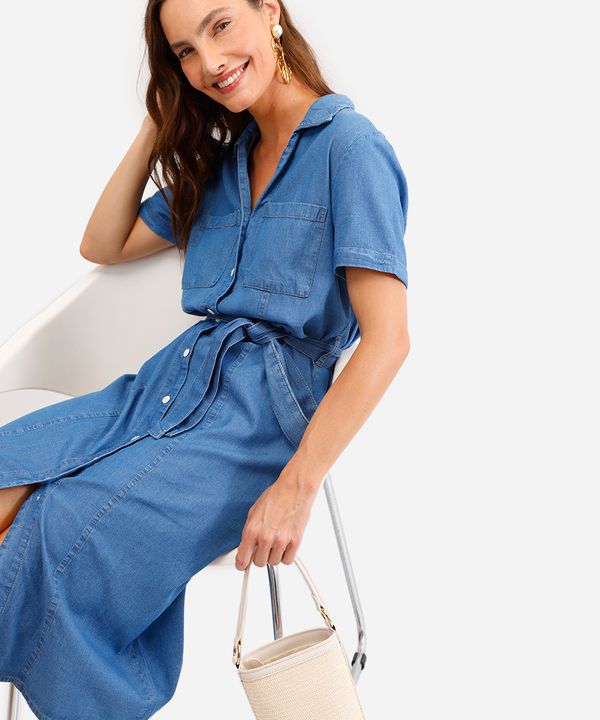 vestido chemise feminino jeans com faixa azul M