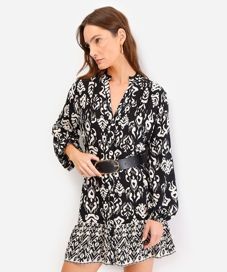 vestido curto feminino chemise estampado preto PP vestido curto feminino chemise estampado preto PP