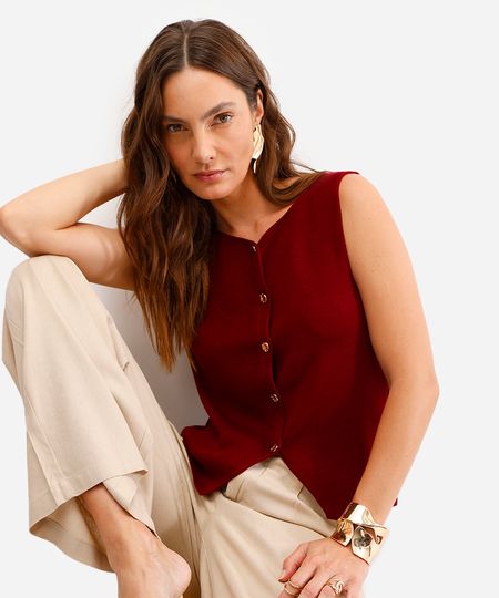 colete de tricot com botões vinho PP