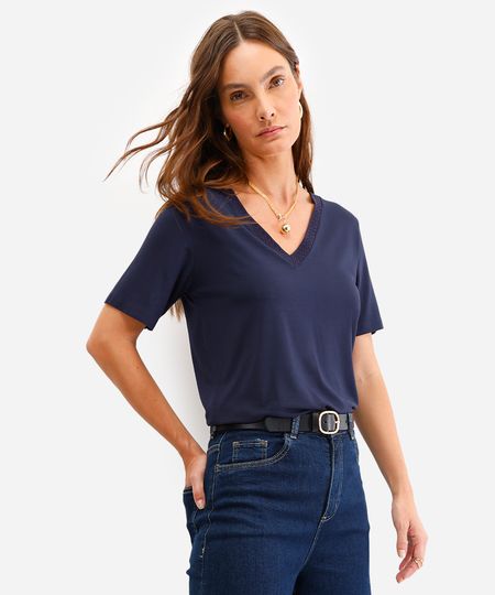 blusa feminina de viscose com renda azul PP