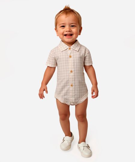 body camisa com linho infantil quadriculado off white 0-3