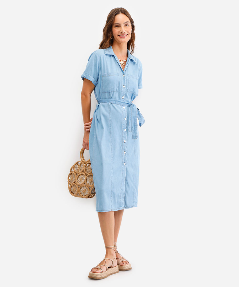 vestido chemise feminino jeans com faixa azul