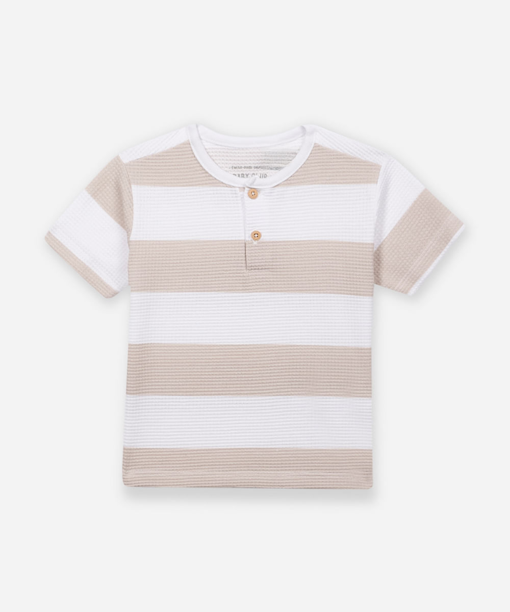 camiseta de algodão infantil texturizada e listrada bege
