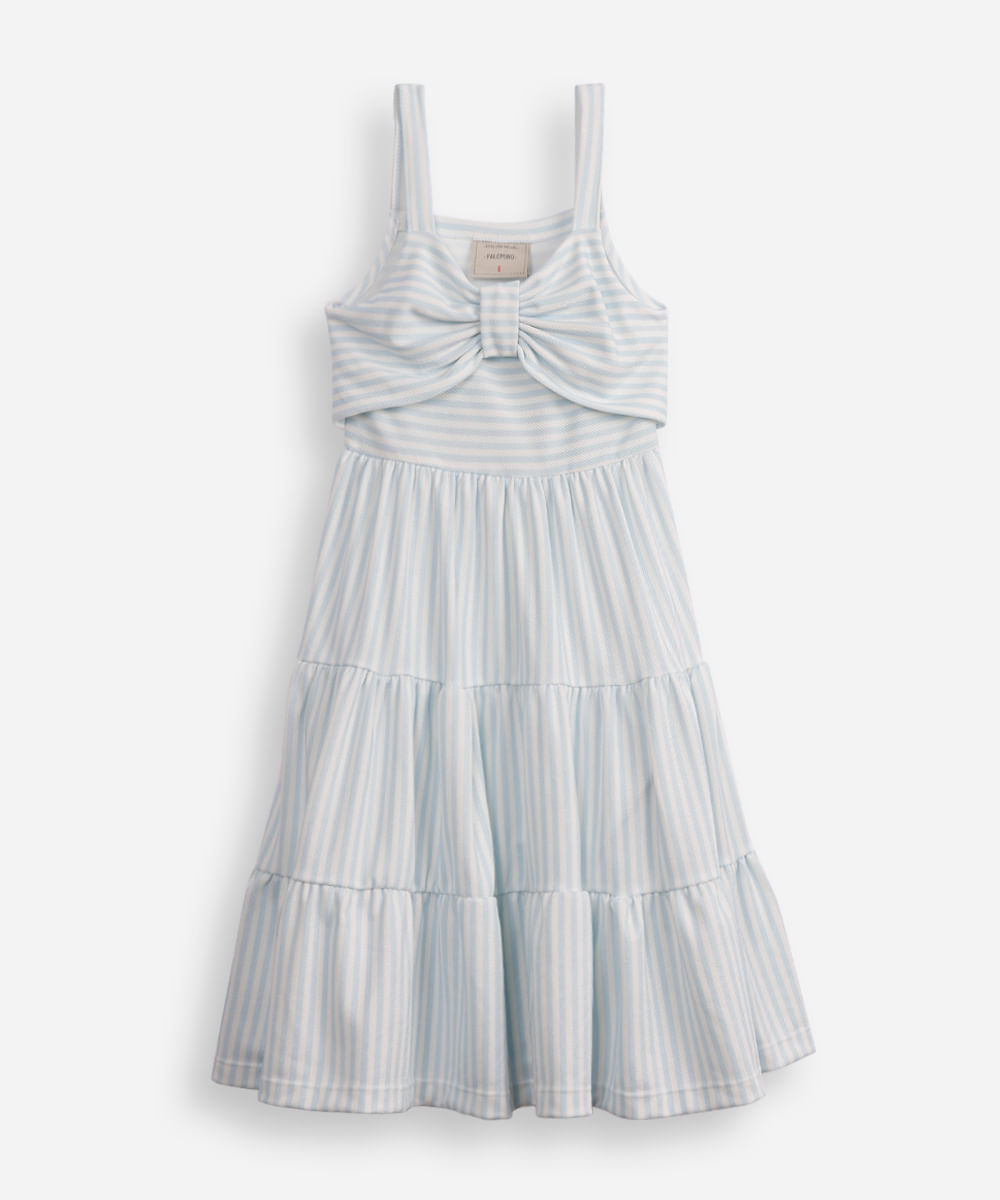 vestido infantil texturizado com laço listrado azul