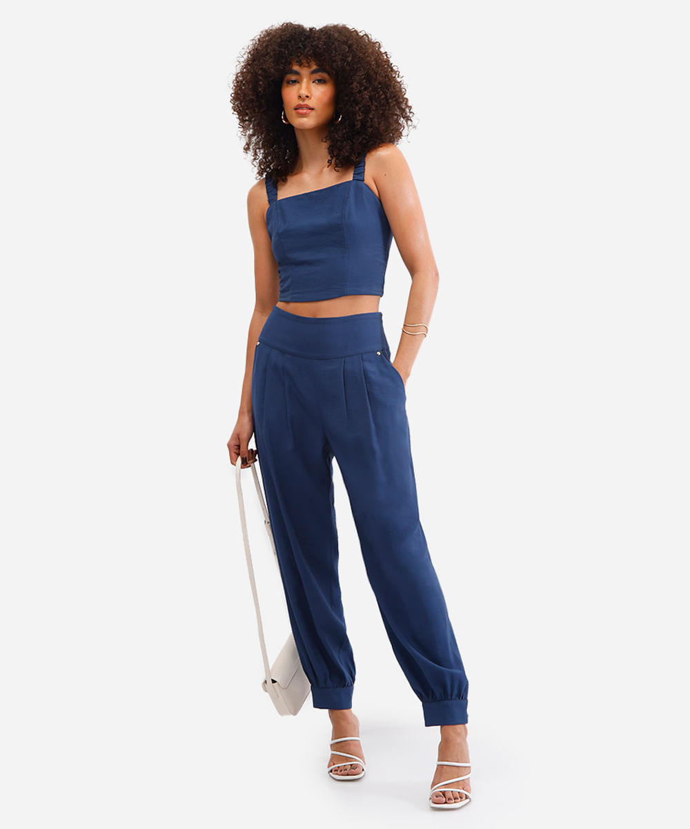 calça feminina afunilada de viscose azul