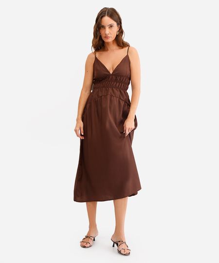 vestido midi feminino alça fina franzido marrom PP