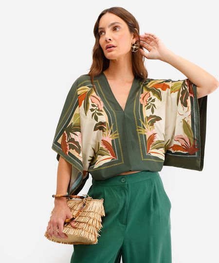 bata feminina manga curta folhagens verde P bata feminina manga curta folhagens verde P