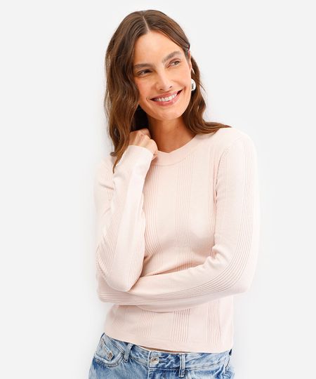 suéter básico de tricot canelado bege M