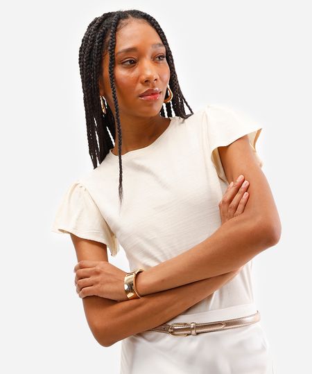 camiseta de algodão texturizada manga curta babado - areia P camiseta de algodão texturizada manga curta babado - areia P