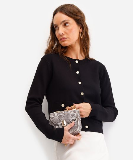 cardigan feminino de tricot com bolsos preto P