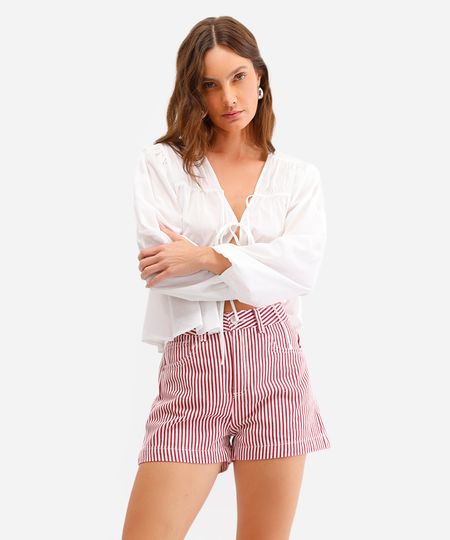 short mom feminino de sarja listrado vermelho 40