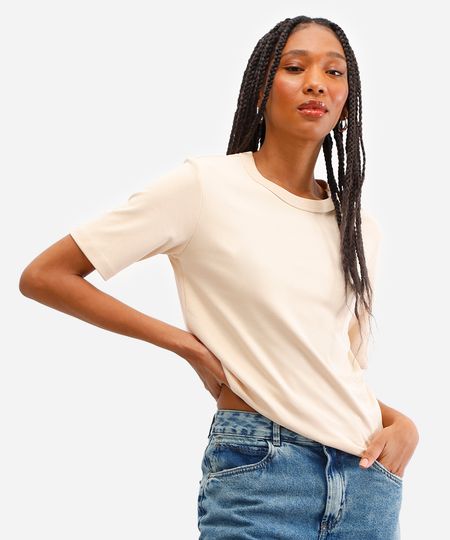 camiseta básica feminina de algodão peruano manga curta bege PP