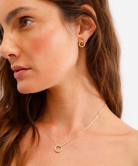 kit feminino de colar e brinco redondo dourado UNICO