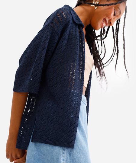 camisa feminina de tricot aberta azul G