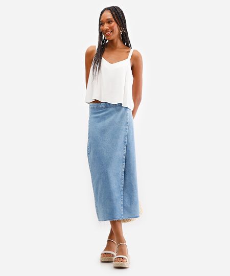saia midi feminina transpassada jeans azul 38
