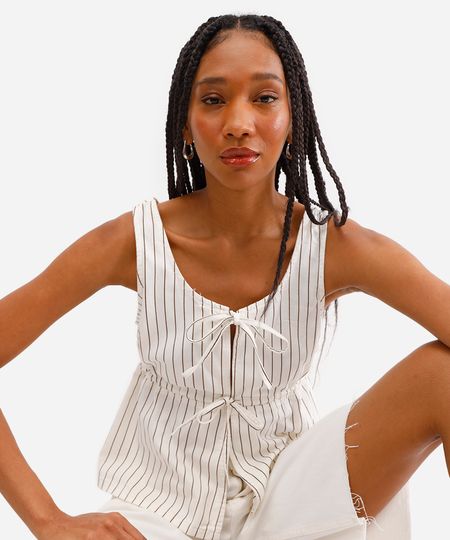 blusa feminina de algodão listrada com amarração off white M