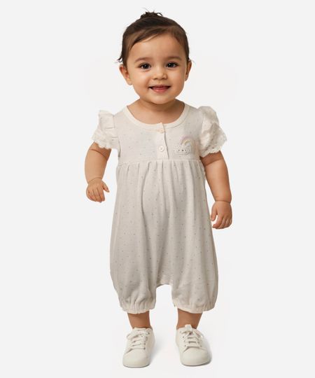 macacão curto infantil poá unicórnio bordado off white 6-9 macacão curto infantil poá unicórnio bordado off white 6-9