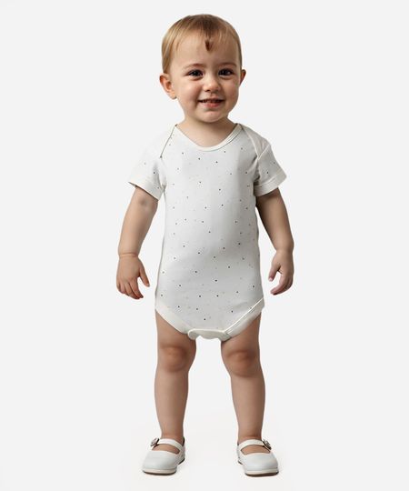 body infantil de algodão poá manga curta off white 6-9