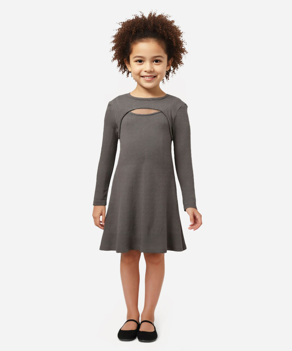 vestido de algodão infantil canelado com recorte cinza