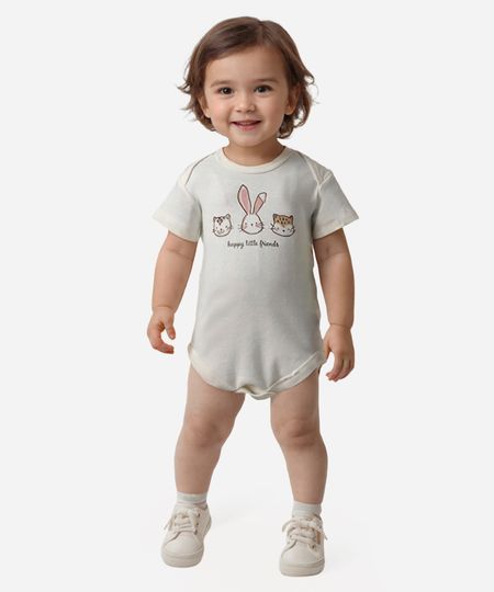 body de algodão infantil manga curta bichinhos off white 3-6