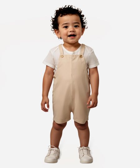 jardineira infantil curta com linho e camiseta off white 0-3