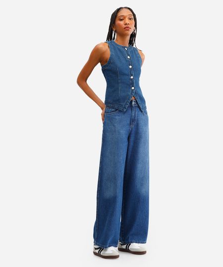 calça skater feminina jeans cintura média azul 34