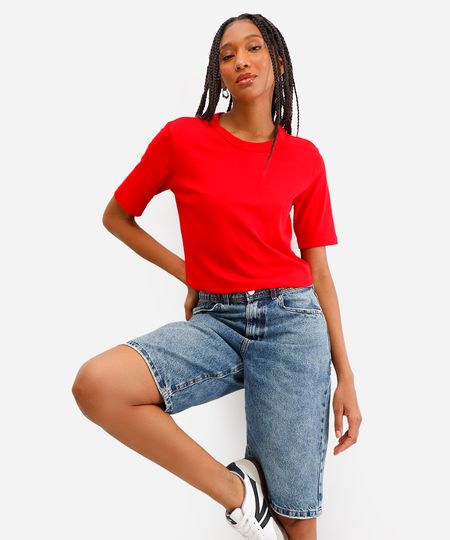 camiseta básica feminina de algodão peruano manga curta vermelha M