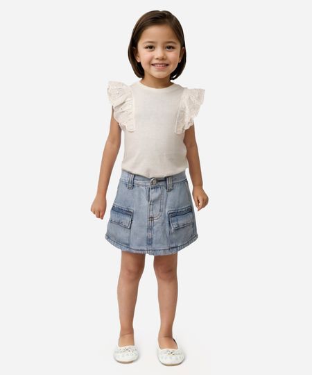 short saia jeans infantil com bolso cargo azul 2