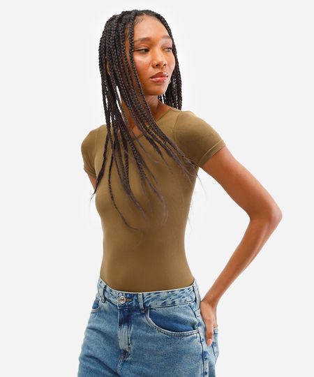 body básico feminino manga curta canelado verde G