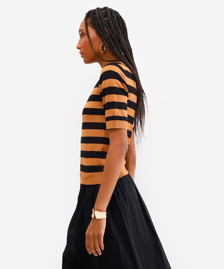 blusa feminina de tricot listrada marrom PP