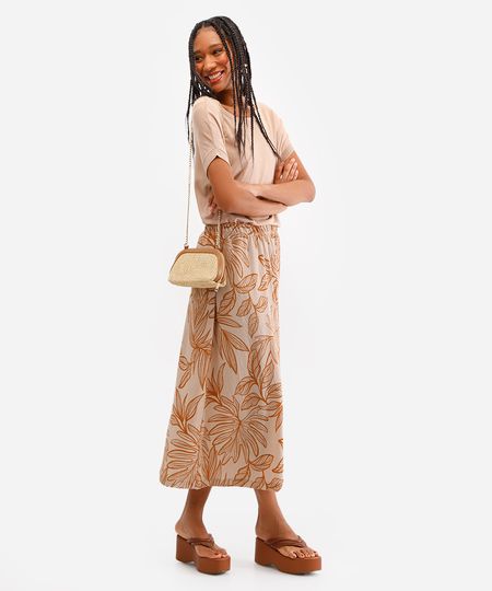 saia midi feminina texturizada folhagens bege P saia midi feminina texturizada folhagens bege P